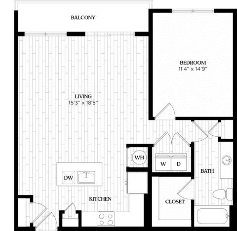 Floor plan for 1 bed, 1 bath, 923 sqft